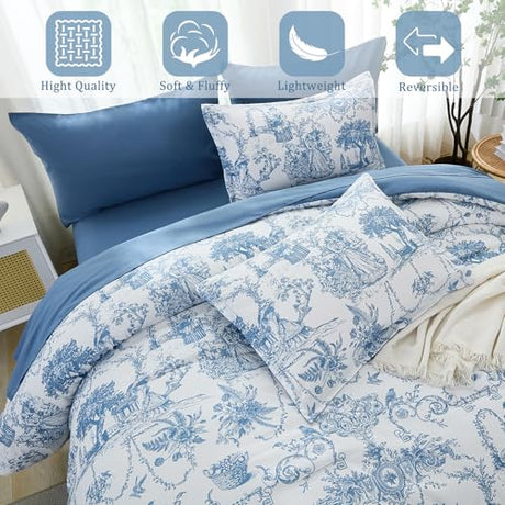 Blue Comforter Set King 7 Piece Bed in a Bag Toile de Jouy Botanical Comforter with Sheet Set Soft Micorfiber Bedding Set (1 Comforter,2 Pillow Shams,1 Flat Sheet,1 Fitted Sheet,2 Pillowcases) Xruibed
