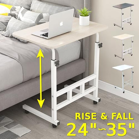 Japard Small Desk on Wheels, Mobile TV Tray Table Rolling Desk for Bed Sofa, Adjustable Height 23.6" Wide C-Shape Loadable 66lbs (White, 66 lbs Loadable) Japard