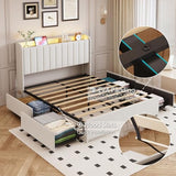 Queen Bed Frame with 4 Drawers and Storage Headboard, Upholstered Platform Bed Frame Queen Size with Led Lights and Handy Charging Station, No Box Spring Needed, Easy Assembly, Noise Free, Beige TIGUBFRE