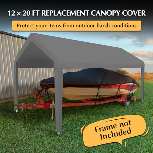 GOTRUTH 12x20 Canopy Replacement Cover, Carport Replacement Top Cover for 12' x 20' Frame, 800D Heavy Duty Waterproof & UV Protected Car Canopy with Ball Bungees (Frame is not Included) (Gray) GOTRUTH