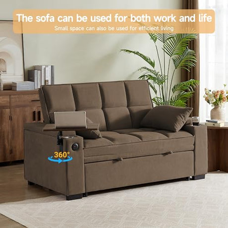hansones 65'' 3-in-1 Folding Convertible Sofa Bed, Pullout Sofa, Modern Chenille Fabric, 360° Swivel Side Table, Easy Assembly, Perfect for Living Room(ZY-1107A-Brown) hansones