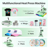 Slendor 8 in 1 Heat Press Machine 15x15 inch 360-Degree Swing Away Digital T Shirt Pressing Machine Multifunction Heat Transfer Sublimation Combo for T Shirts Mugs Hat Plate Cap, Green Slendor