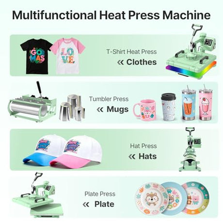 Slendor 8 in 1 Heat Press Machine 15x15 inch 360-Degree Swing Away Digital T Shirt Pressing Machine Multifunction Heat Transfer Sublimation Combo for T Shirts Mugs Hat Plate Cap, Green Slendor