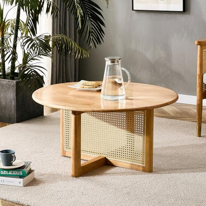 WIIS' IDEA 33In Round Wood Coffee Table,Natural Wood Coffee Tables for Living Room,Modern Rattan Small Coffee Table,Solid Wood Coffee Tea Table