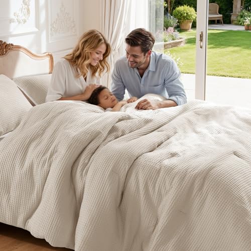 Shilucheng Waffle Cotton King Size Comforter Set - 3 Piece Bedding Set with Comforter and 2 Pillow Shams, Soft & Breathable All-Season Waffle Weave Comforter, Machine Washable, Beige Shilucheng