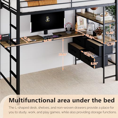 VINGLI Twin Metal Loft Bed Frame with 15 Inches Safety Guardrail, Non-Slip Ladder, 2 Charging Stations, L-Shaped Desk, Storage Shelve, 4 Drawers, LED Lights, for Kids, No Box Spring Needed, Black VINGLI