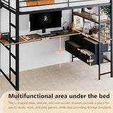 VINGLI Twin Metal Loft Bed Frame with 15 Inches Safety Guardrail, Non-Slip Ladder, 2 Charging Stations, L-Shaped Desk, Storage Shelve, 4 Drawers, LED Lights, for Kids, No Box Spring Needed, Black VINGLI
