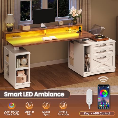 SEDETA Farmhouse Electric Standing Desk, 55" Height Adjustable Computer Desk with 3 Drawers, File Cabinet, Storage Shelves, Power Outlets, Wood Home Office Desk for Work, Study, Writing, White SEDETA
