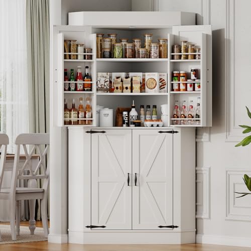 Gyfimoie Corner Cabinet,Kitchen Pantry Storage Cabinet,Freestanding Buffet Hutch with 4 Doors and Shelves,Tall Food Pantry Farmhouse Furniture with Side Rack for Kitchen Dining Room (White) Gyfimoie