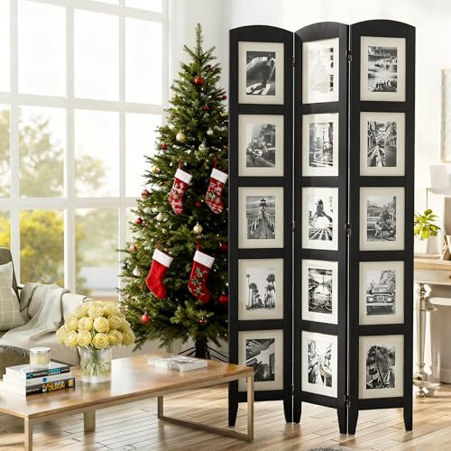 SZQINJI 3 Panel Photo Room Divider Screen, Solid Wood Divider for Room Separation for 8x10 Picture Frame Without Mat for 5x7 Photo with Mat, Black SZQINJI