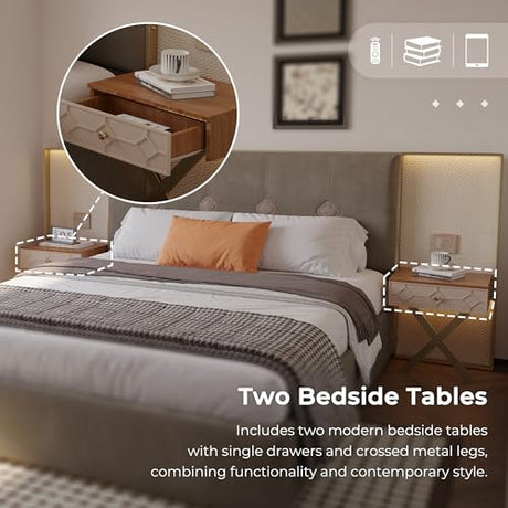 Olodumare Luxury Modern Bed Frame with Velvet Headboard, 2 LED Lights & Floating Nightstands, King, Coffee | Sturdy Wood & Metal Platform Bed, No Box Spring Needed Olodumare