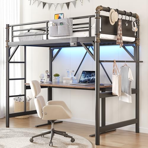 Twin Size Loft Bed with LED Lights and Charging Station, Industrial Heavy Duty Metal Loft Bed Frame with Ladder and Guardrail for Kids Adults, Small Space Saving Design for Bedroom Dorm, Black Jocoevol