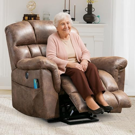 HAOMARKETS Oversized Power Lift Recliner with Massage and Heat for Elderly, Faux Leather Electric Lifting Reclining Chair with Side Pockets and USB Port for Living Room, Brown HAOMARKETS