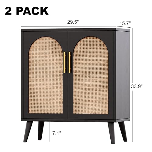 Rovaurx Set of 2 Rattan Storage Cabinet with Doors, Accent Bathroom Floor Cabinet, Modern Sideboard Buffet Cabinet for Living Room, Entryway, Dining Room and Kitchen, Black and Natural BMGZ108BM02 Rovaurx
