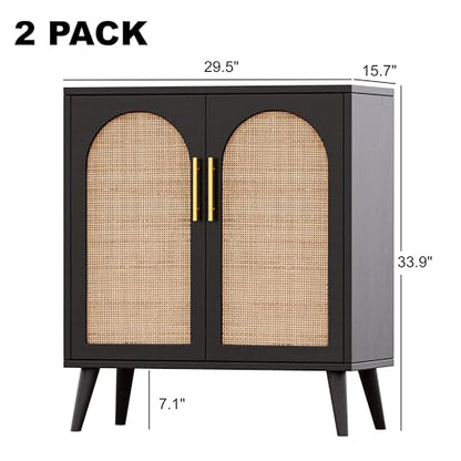 Rovaurx Set of 2 Rattan Storage Cabinet with Doors, Accent Bathroom Floor Cabinet, Modern Sideboard Buffet Cabinet for Living Room, Entryway, Dining Room and Kitchen, Black and Natural BMGZ10 - WoodArtSupply