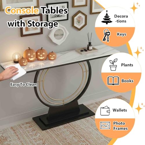 Console Table, Black Rectangle Sofa Tables with Sintered Stone Tabletop, Modern Long Entryway Table with Metal Frame for Living Room, Hallway CHUJUA