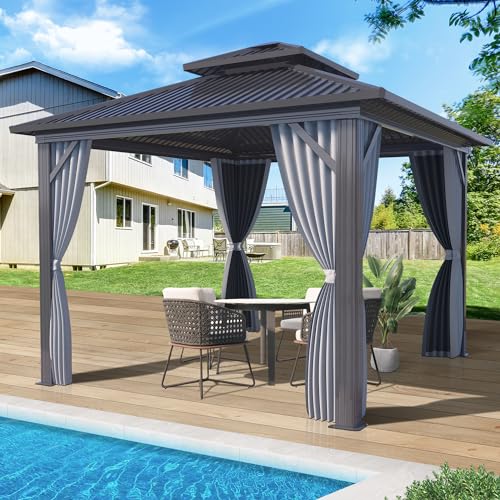 Raysfung 10 X 10ft Hardtop Gazebo, Galvanized Steel Double Roof Gazebo with Nettings and Curtain Outdoor Aluminum Frame Vertical Stripes Roof Permanent for Patio, Backyard, Lawns Raysfung