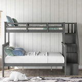 Stairway Bunk Beds Twin Over Full with 4-Step Stairs and Under-Step Storage Shelves, Gray Merax