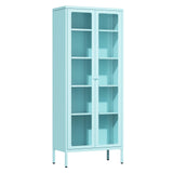 Crownland Metal Storage Cabinet with Glass Doors, Display Curio Glass Cabinet with 4 Adjustable Shelves, Tall Modern Office Storage Cabinets for Home Office, Living Room, Pantry(Light Blue) Crownland