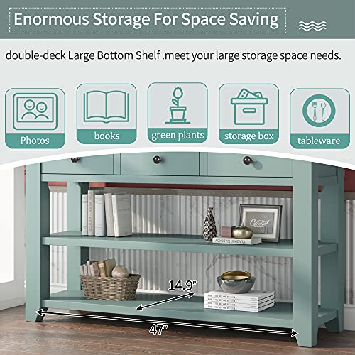 48'' Solid Wood Console Table, Modern Entryway Sofa Side Table with 3 Storage Drawers and 2 Shelves. Easy to Assemble (Green) Quarte