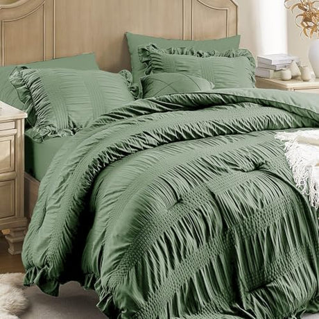 QUIETSEA Twin Comforter Set Seersucker 5 Pieces Luxury Ruffle Bed in a Bag Twin Size for All Season Green Bedding Set with Comforter, Pillowcase, Flat Sheet, Fitted Sheet and Pillow Sham QUIETSEA
