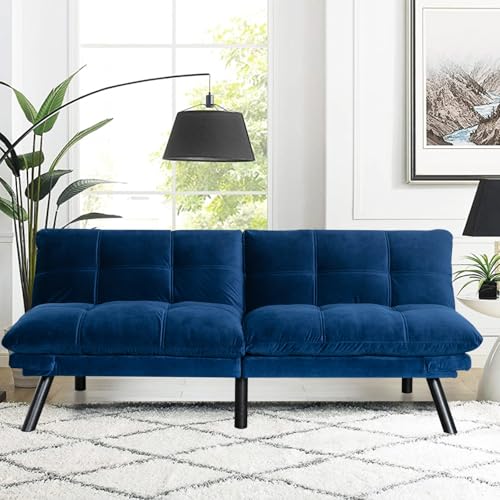 SoarFlash 67 Inch Futon Double Sofa Bed, 2 in 1 Velvet Loveseat Sofa with Adjustable Backrest for Living Room Bedroom Office Apartment Compact Couch(Blue) SoarFlash