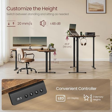 VASAGLE L Shaped Electric Standing Desk, 63 x 47.2 Inches, Height Adjustable Corner Desk with Power Outlets, 2 Memory Buttons, Easy to Assemble, for Home Office, Rustic Brown ULSD242K01 VASAGLE