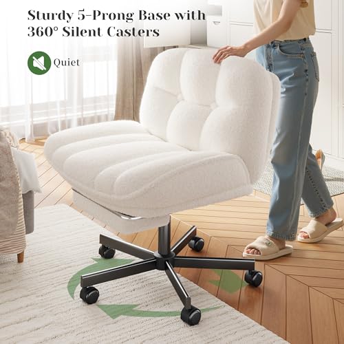 DurayLoly Cross Legged Office Chair with Foot Rest, 6.3" Thick Cushioned Criss Cross Chair with Wheels, Height Adjustable Swivel Vanity Chair for All-Day Comfort (White) DurayLoly