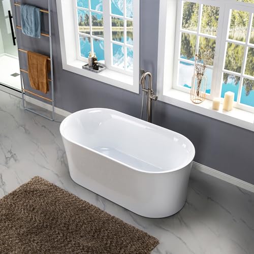 WOODBRIDGE 59" Acrylic Freestanding Bathtub Contemporary Soaking Tub with Matte Black Overflow and Drain, White Tub WOODBRIDGE