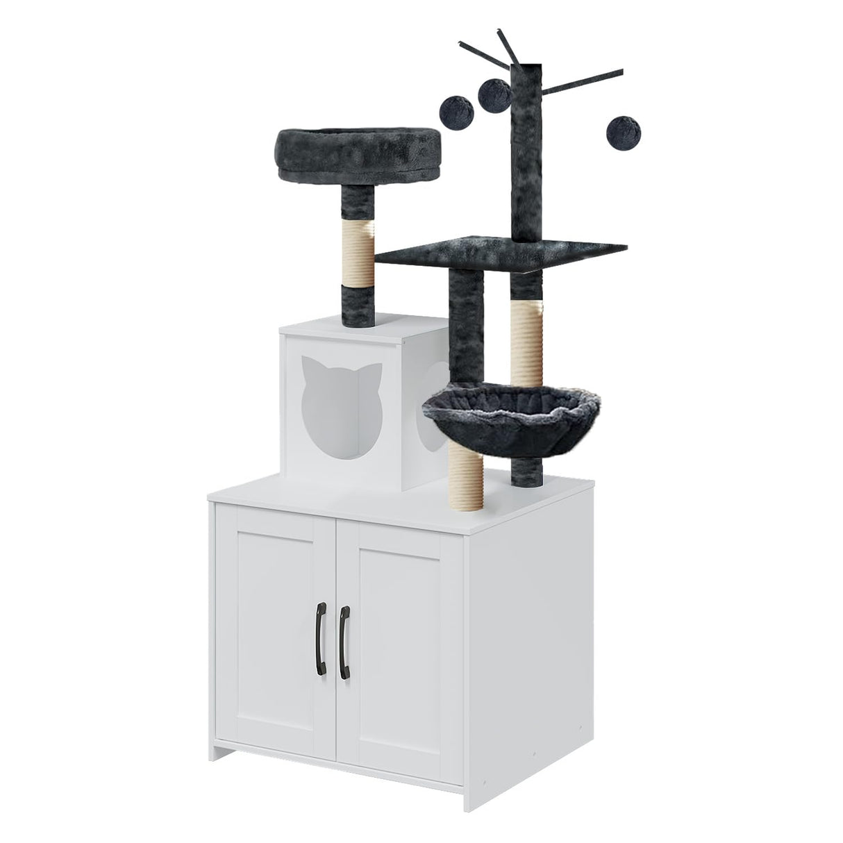 Cat Tree with Litter Box, Wood Litter Box Enclosure with Food Station, Modern Cat Tower for Indoor Large Cats with Large Platform,Cat Condo with Scratching Posts, Hammock, Caves, Basket,White Gaalloopyger