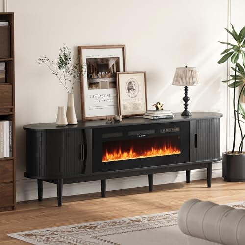 Decofy 70″ Fluted Fireplace TV Stand for 80″ TVs, Remote & Touch Control, Adjustable Flame Colors & Temperature Entertainment Center with Storage, Modern Media TV Console Table for Living Room (Black) Decofy