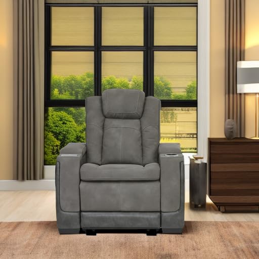 Signature Design by Ashley Next-Gen DuraPella Modern Faux Leather Power Recliner with Adjustable Headrest, Gray Signature Design by Ashley