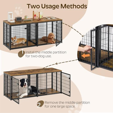 YATINEY Foldable Dog Crate Furniture for 2 Dogs, 63'' Double Dog Kennel Indoor with Removable Divider, Heavy Duty Dog Cage, for Small/Medium/Large Dog, TV Stand, Rustic Brown DC160BR YATINEY