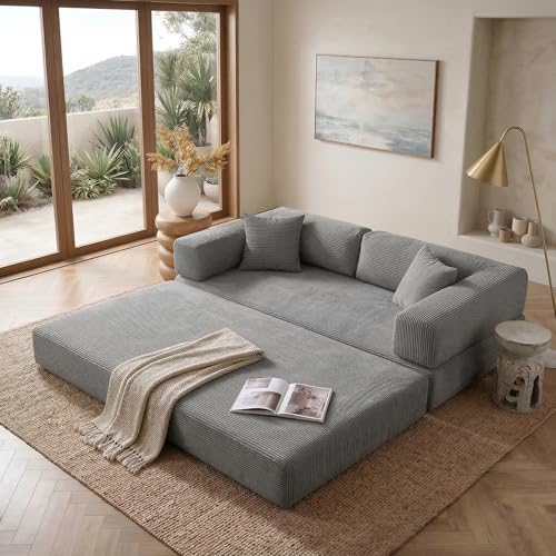 NAYA 79" Convertible Sofa Bed, 4-in-1 Corduroy Boneless Futon Couch, Folding Sleeper Sofa, No Assembly Floor Couch for Living Room, Bedroom, Apartment, Grey NAYA