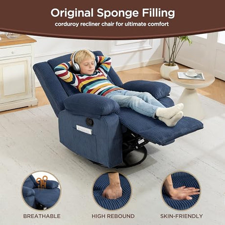 360° Swivel Rocker Recliner Chair for Adults, Nursery Manual Reclining Chair with Arms and Back, Upholstered Glider Rocking with Side Pockets for Living Room, Bedroom Nursing use, Corduroy, Blue FiveWillowise