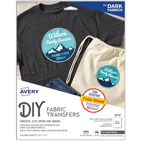 Avery Printable Heat Transfer Paper for Dark Fabrics, 8.5" x 11", Inkjet Printer Compatible, 5 Sheets of Iron On Transfer Paper, Great for Custom Shirts, Uniforms, Gifts, and More (3279) AVERY