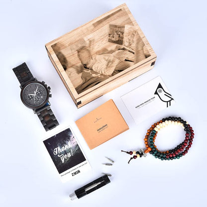 2win Engraved Wooden Watch for Men - Personalized with Custom Back Cover and Box Photo, Analog-Digital Display, Wood & Stainless Steel Band - WoodArtSupply