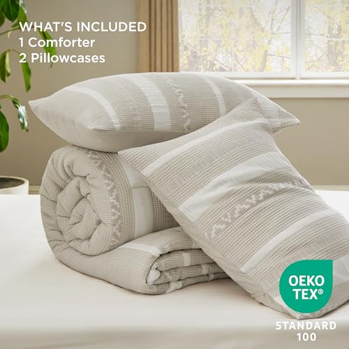 Bedsure Waffle Queen Comforter Set - Linen Soft Cotton Bedding Set for All Seasons, Stripe Fluffy Bed Set 3 Pieces with 1 Waffle Weave Comforter Queen Size and 2 Pillow Shams Bedsure