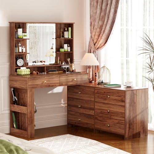 YYJ Makeup Vanity Desk with Large Mirror and Lights&Charging Station,3 Lighting Modes,Desk Vanity with 8 Storage Drawers and 8 Shelves,Makeup Table for Bedroom,Dressing Table with Nightstand,Walnut YYJ