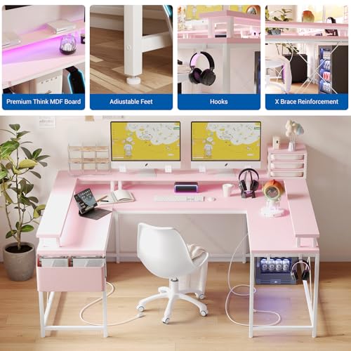 IDEALHOUSE U Shaped Home Office Desk, Reversible L Shaped Gaming Computer Desk with Power Outlets,126 Inch Computer Desk with Monitor Stand and LED Lights,Storage Shelves,Storage Bag and Hooks（Pink） IDEALHOUSE