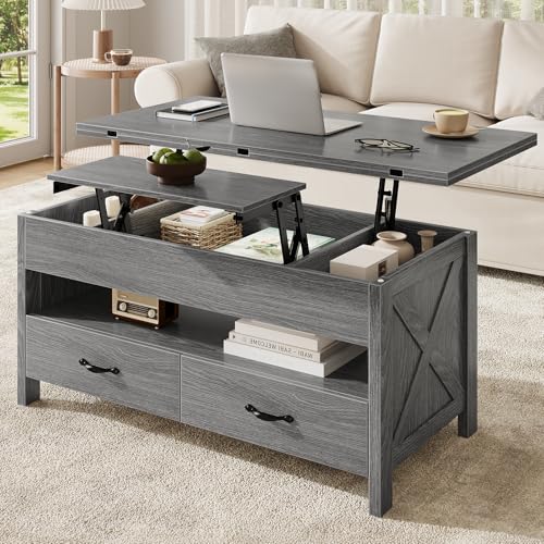 Marsail Lift-Top Coffee Table, 4-in-1 Multi-Functional Center Table with Hidden Compartment, 2 Drawers & Open Shelf, Adjustable Height for Living Room Office, Gray Marsail