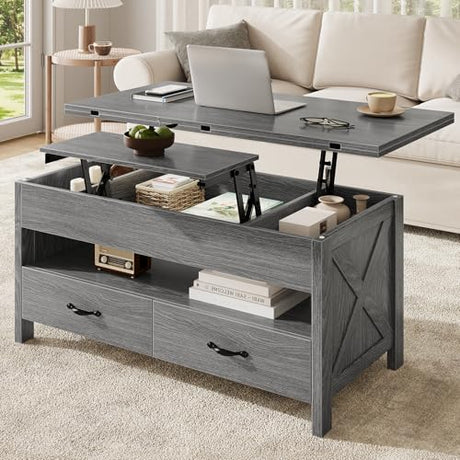 Marsail Lift-Top Coffee Table, 4-in-1 Multi-Functional Center Table with Hidden Compartment, 2 Drawers & Open Shelf, Adjustable Height for Living Room Office, Gray Marsail