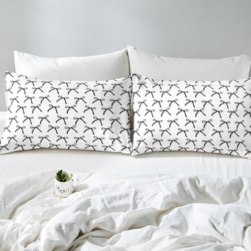 Cartoon Bowknot Kids Sheet King Size,Bow Tie Geometric Patchwork Modern Bedding Set,Girls Women Room Decor,Bow Butterfly Knot Black White Simple Bed Sheet Set 4pcs(Fitted + Flat + 2 Pillowcases) Manfei