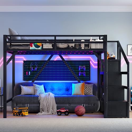 Bellemave Queen Loft Bed with Storage Stairs, Shelves and Built-in Wardrobe, Metal Loft Bed Frame with USB Ports and LED Lights, Noise-Reduced Design, Black Woodgrain Bellemave