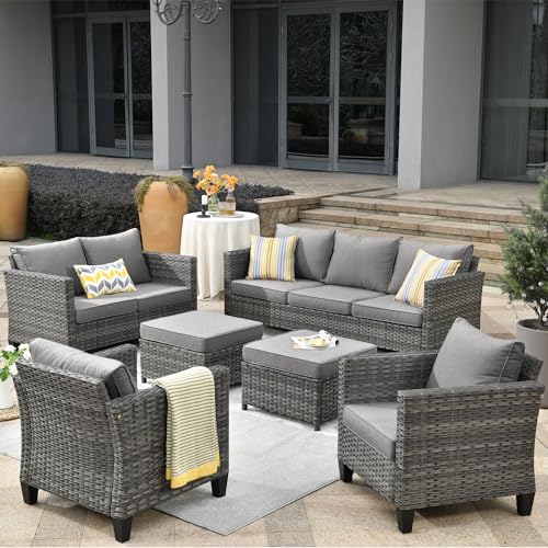 ovios Patio Furniture Set, 6 Pieces Outdoor Wicker Rattan Sofa Couch with Loveseat, Ottomans and Cpmfy Cushions, All Weather High Back Conversation Set Garden Backyard, Dark Grey ovios