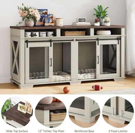 71" Dog Crate Furniture for 2 Dogs Large Double Kennel with Removable Divider, 3 Storage Drawers & Sliding Barn Door, Furniture Style Pet Crate As TV Stand for Living Room ActiveTrail