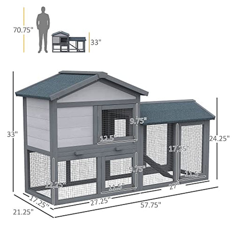 PawHut 58" Rabbit Hutch, Wooden Bunny Hutch, Guinea Pig Cage, Small Animal Enclosure with Run Area, Removable Tray, Asphalt Roof, Lockable Doors and Ramp, Dark Gray PawHut