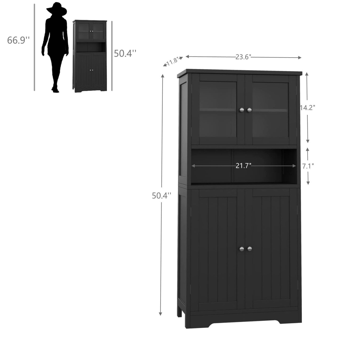 Irontar Bathroom Cabinet, Bathroom Floor Cabinet with Open Shelf, Large Display Cabinet with Doors, Kitchen Cupboard, Storage Cabinet for Living Room, 23.6 x 11.8 x 50.4 Inches, Black CWG006B