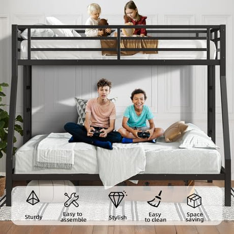 HKOLIE Twin Over Full Bunk Bed, Metal Bunk Bed Frame Heavy Duty Bunk Beds Loft Bed Frame with Ladder and Guardrail Metal Slats No Box Spring Required for Adults Teens, Black HKOLIE