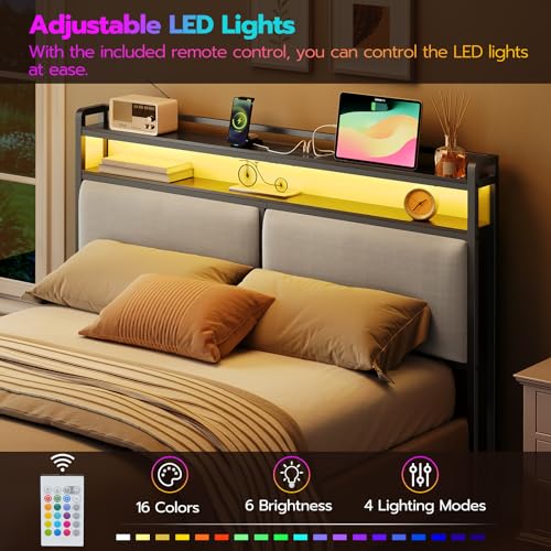 HOOBRO Queen Size Upholstered Headboard, Storage Headboard with Charging Station and Adjustable LED Lights, 2 Standard Outlets and 2 USB Ports, Queen Headboard Only, Easy Assembly, Black and Gray HOOBRO